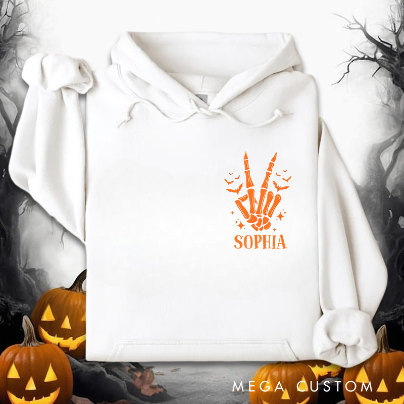 Personalized Skeleton Hands with Pumpkin and Moon Halloween Night Vibes Hoodies