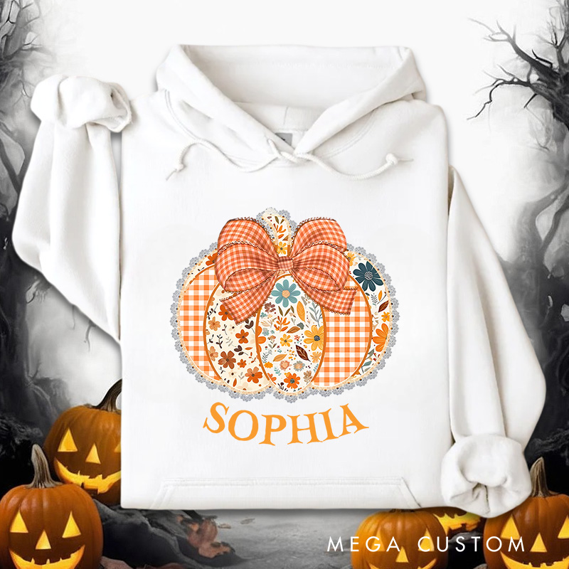 Personalized Gingham Pumpkin with Bow and Floral Accents Autumn Harvest Hoodies