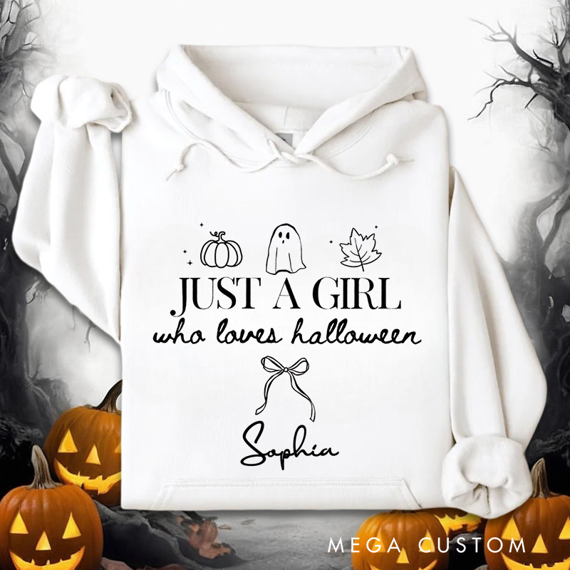 Personalized Just a Girl Who Loves Halloween Cute and Playful Ghostly Fun Hoodies