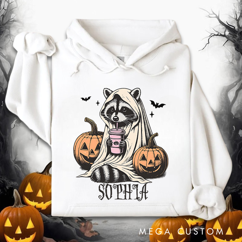 Personalized Raccoon with Pumpkins and Bats Adorable Halloween Forest Vibes Hoodies