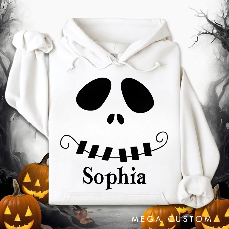 Personalized Mysterious Grinning Skull Illustration for Trendy Halloween Hoodies