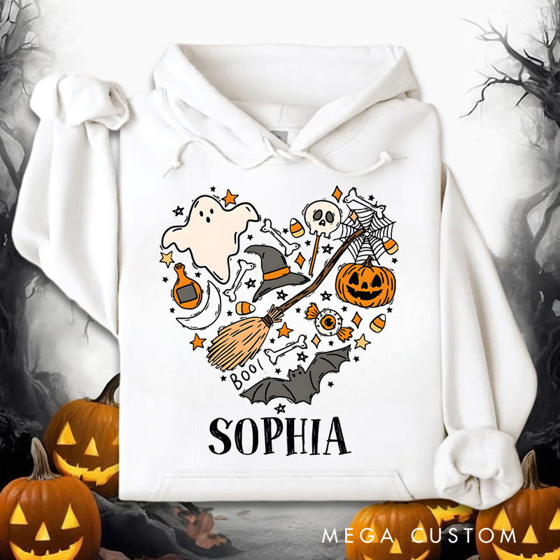 Personalized Enchanting Halloween Heart Collage with Ghosts and Pumpkins for Festive Hoodies