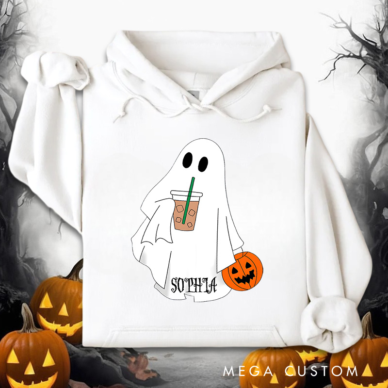 Personalized Ghost Enjoying Coffee Illustration for Cozy and Playful Autumn Hoodies