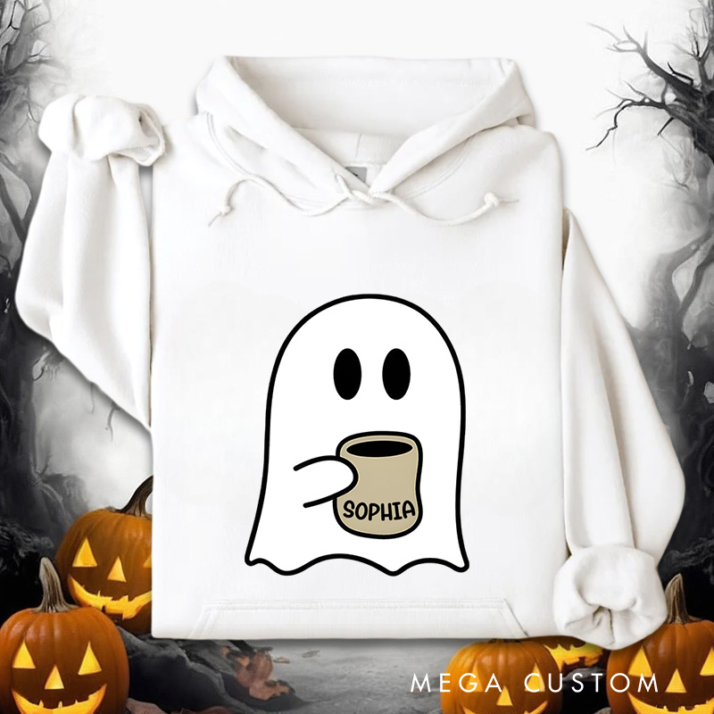 Personalized Coffee Loving Ghost Illustration for Relaxed and Cozy Autumn Hoodies