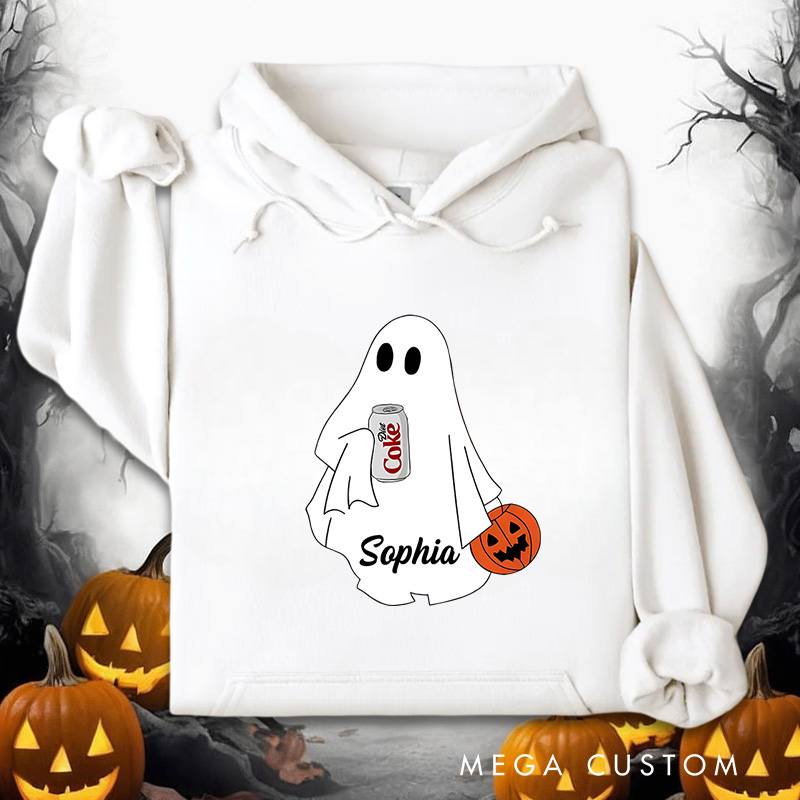 Personalized Cute Ghost Holding Soda and Pumpkin Fun Halloween Inspired Hoodies