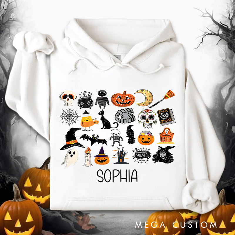 Personalized Halloween Icon Collage with Ghosts and Pumpkins for Festive Hoodies