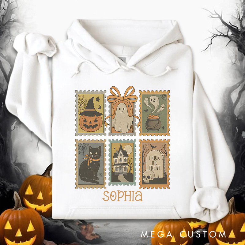 Personalized Vintage Halloween Postage Stamps with Spooky Icons Hoodies