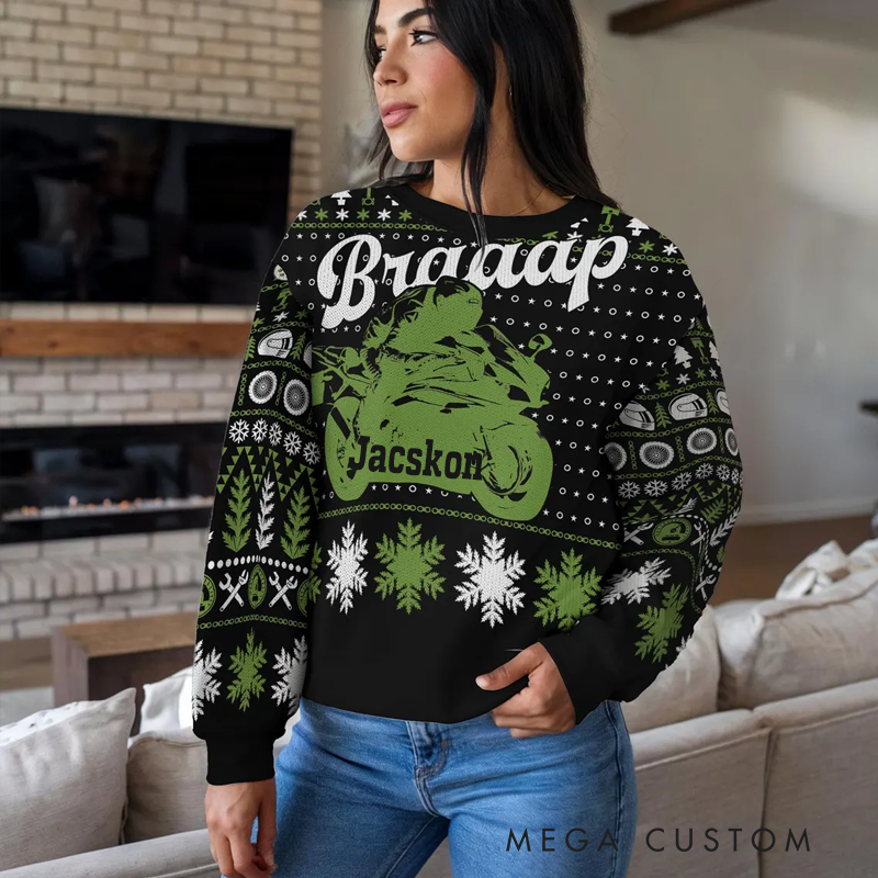 Personalized Motorcycle Racing Ugly Christmas Sweater Unique Bikers and Racing Enthusiasts Holiday Gift 