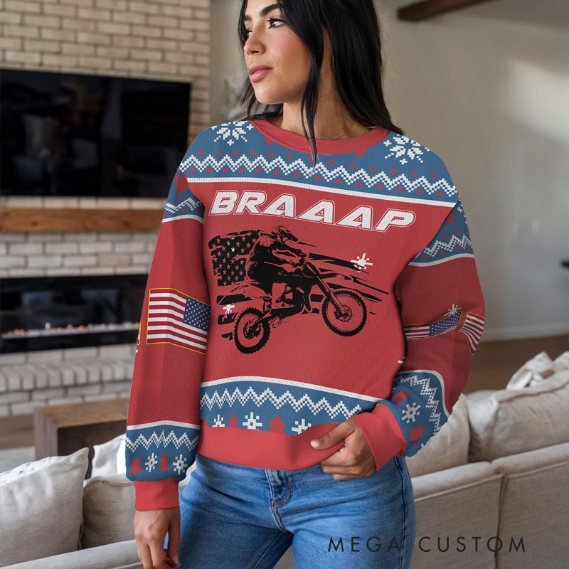 Personalized Dirt Bike Braap Ugly Christmas Sweater with American Flag Design Perfect Gift for Motocross Fans