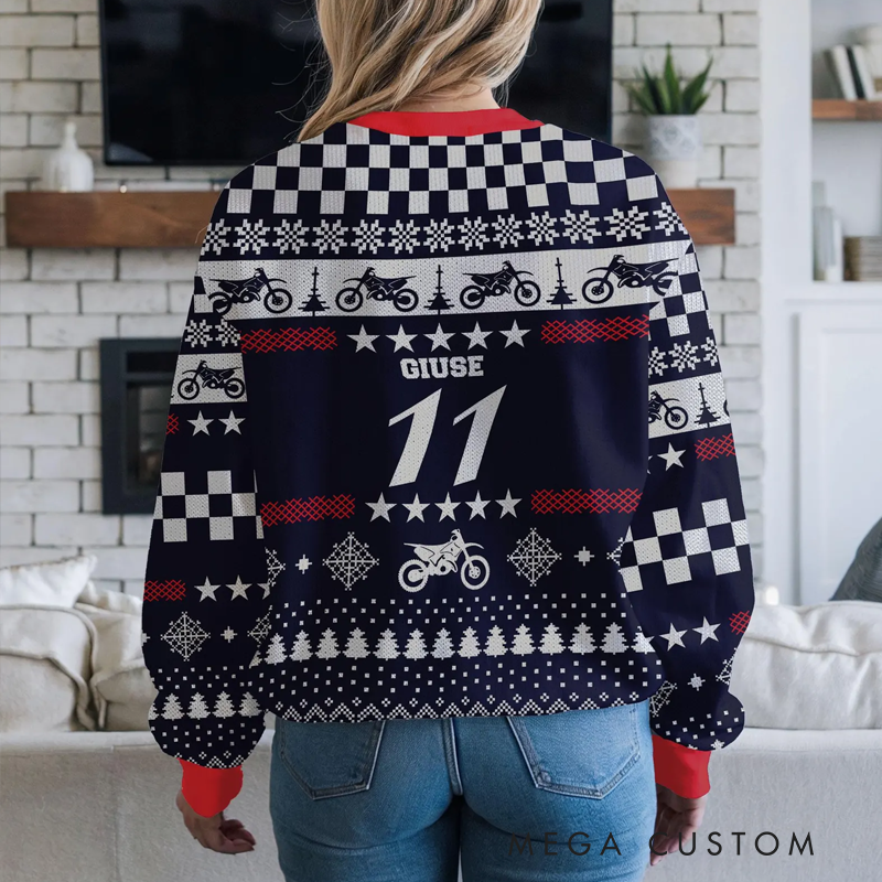 Personalized Motocross Ugly Christmas Sweater with American Flag and Dirt Bike Design Perfect Gift for Bikers