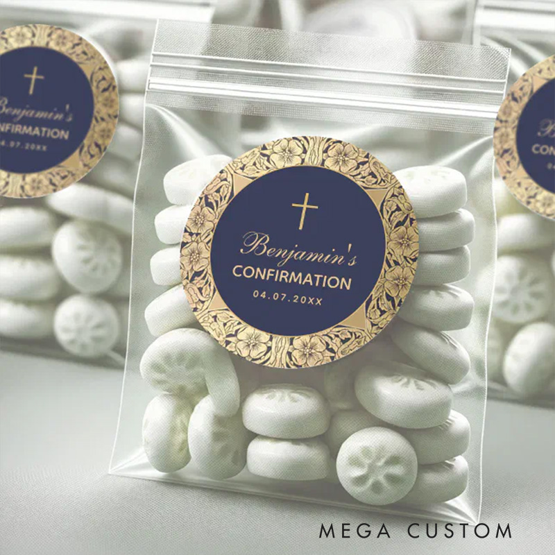 Personalized Boy Confirmation Vintage Gold Roses Navy Blue Classic Round Sticker with Name and Date Religious Gift Confirmation Gift