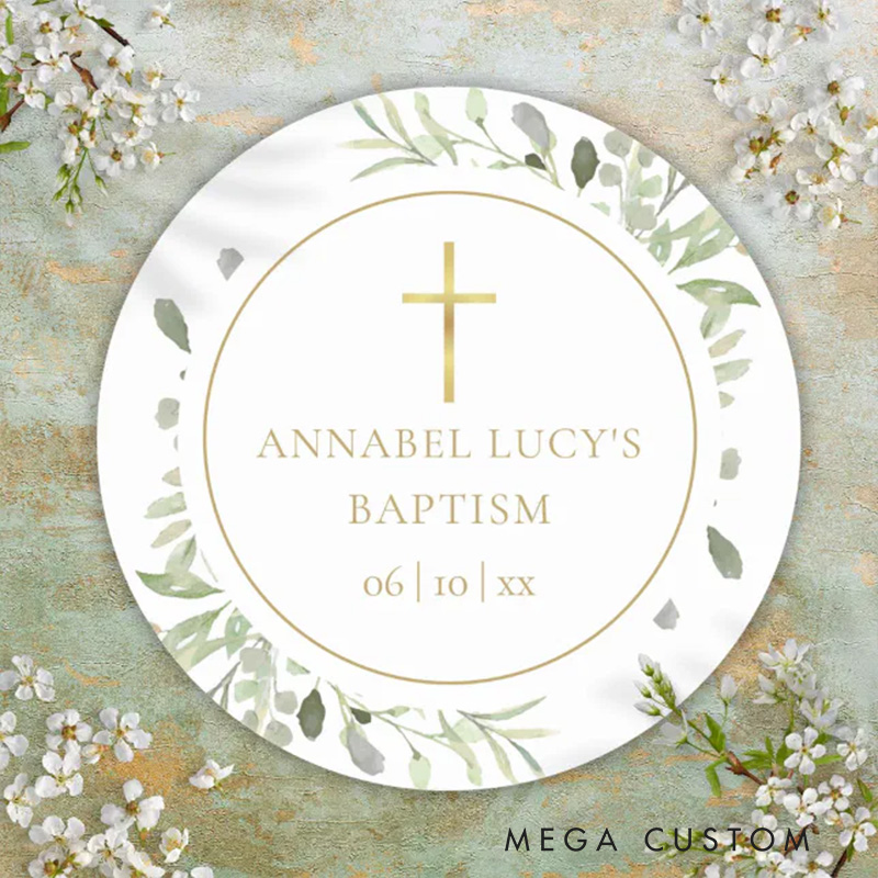Personalized Watercolor Greenery Gold Cross Baptism Christening Classic Round Sticker with Name and Date Religious Gift Baptism & Christening Gift
