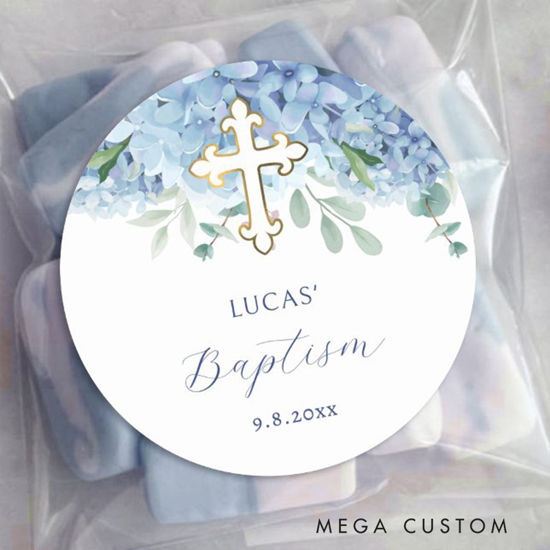 Personalized Blue Hydrangea Gold Cross Baptism Sticker with Name and Date Religious Gift Baptism & Christening Gift