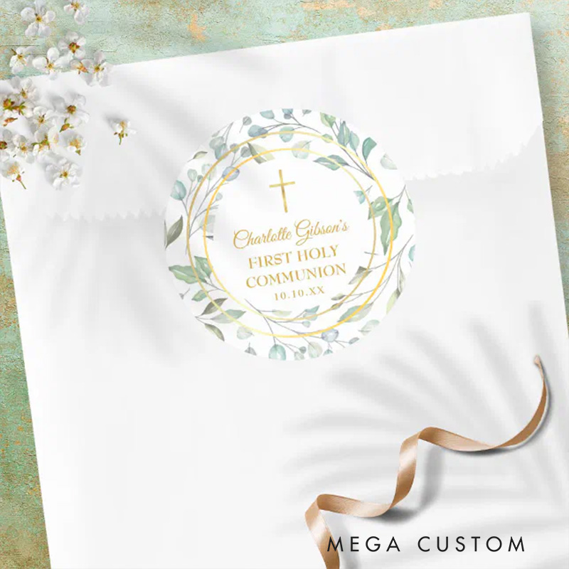 Personalized Laurel Garland Faux Gold Foil First Holy Communion Classic Round Sticker with Name and Date Religious Gift First Communion Gift