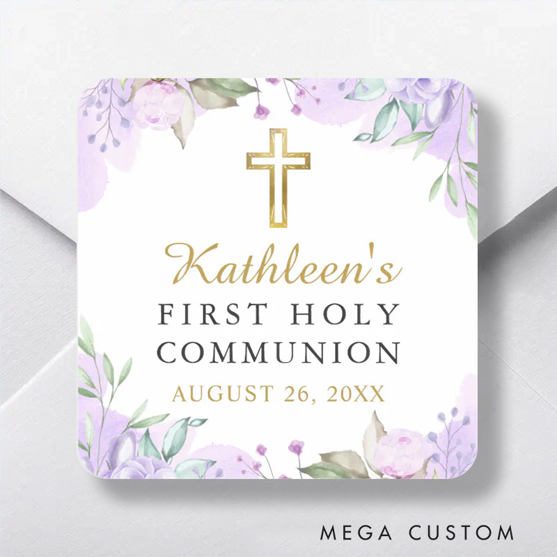 Personalized Watercolor Purple Floral Gold Cross First Holy Communion Square Sticker with Name and Date Religious Gift First Communion Gift