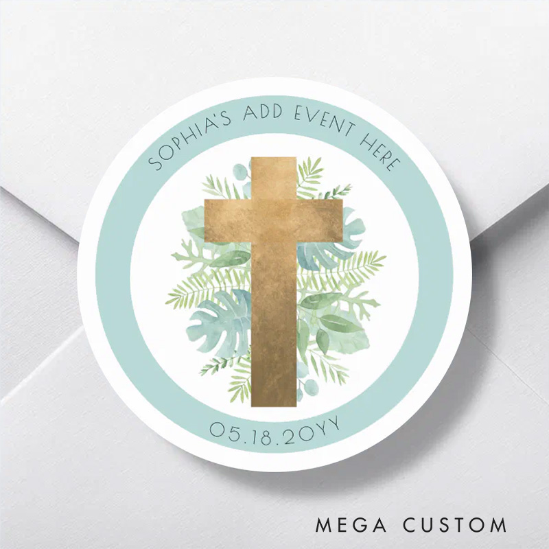 Personalized Religious Event Greenery Cross Envelope Seal Favor Classic Round Sticker with Name and Date Religious Gift