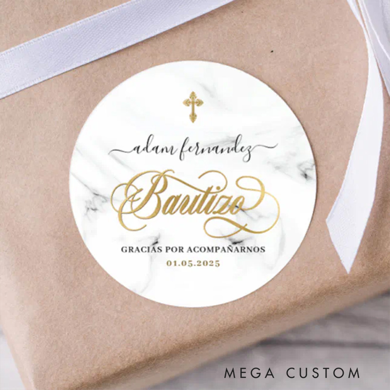 Personalized Spanish De Bautizo Gracias Gold Classic Round Sticker with Name and Date Religious Gift