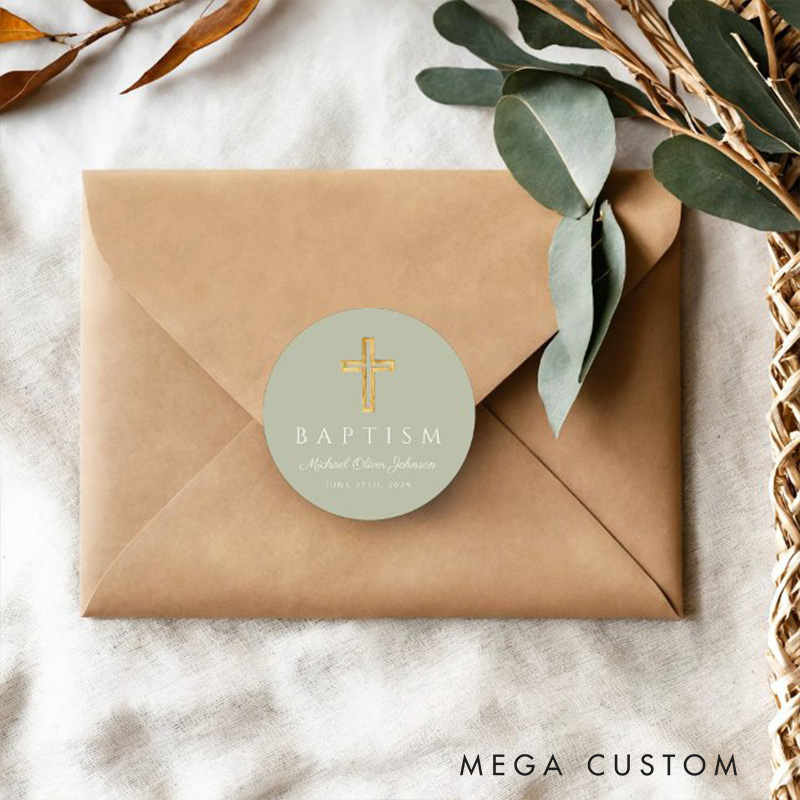 Personalized Elegant Sage Green Religious Cross Baptism Classic Round Sticker with Name and Date Religious Gift Baptism Gift