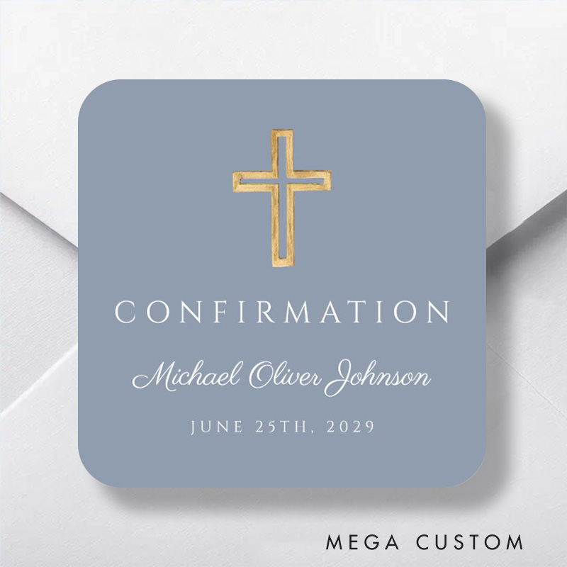 Personalized Modern Dusty Blue Religious Cross Boy Confirmation Square Sticker with Name and Date Religious Gift Confirmation Gift
