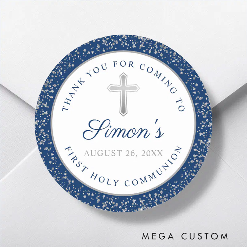 Personalized Silver Glitter Cross Navy Blue First Holy Communion Classic Round Sticker with Name and Date Religious Gift First Communion Gift