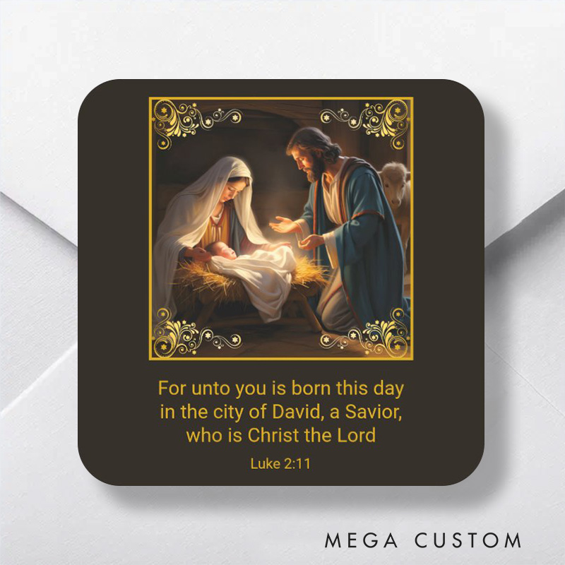 Personalized Christmas Nativity Holy Family Religious Square Sticker with Bible Verse Luke 2:1 Religious Gift Christmas Gift