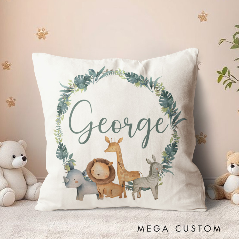 Personalized Safari Animal Wreath Throw Pillows Highlighting Baby's Name And Playful Animals Throw Pillows