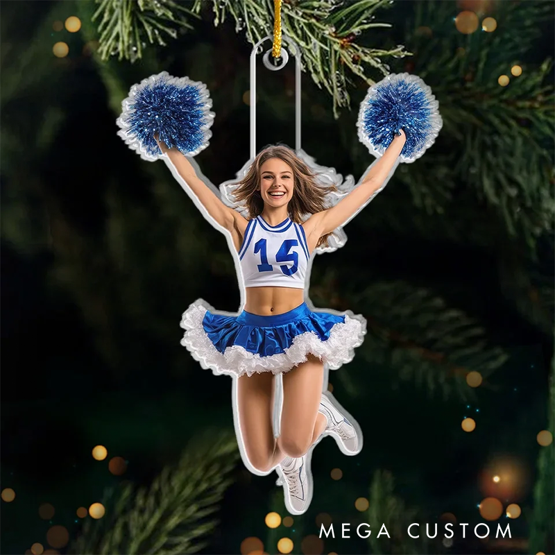 Personalized Acrylic Cheerleader Christmas Ornament with Custom Photo, Number, and Festive Design