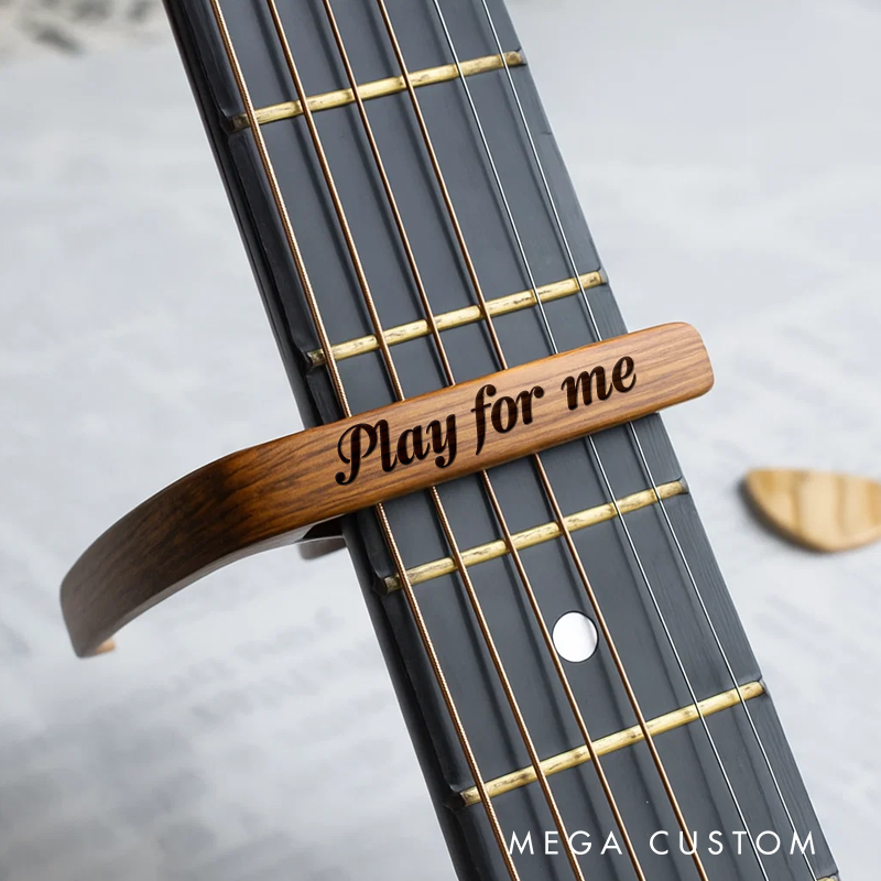 Personalized Metal Guitar Capo With Wood Grain Custom Guitarist Gift and Name or Quote or Date Can Be Engraved