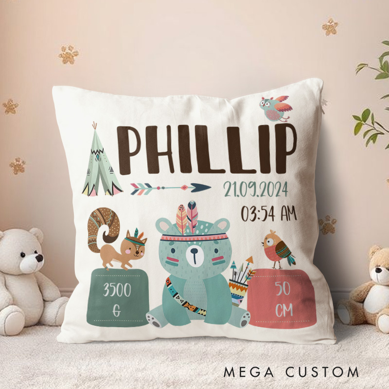 Personalized Woodland Animal Birth Stats Throw Pillows Featuring Baby's Name And Details Throw Pillows
