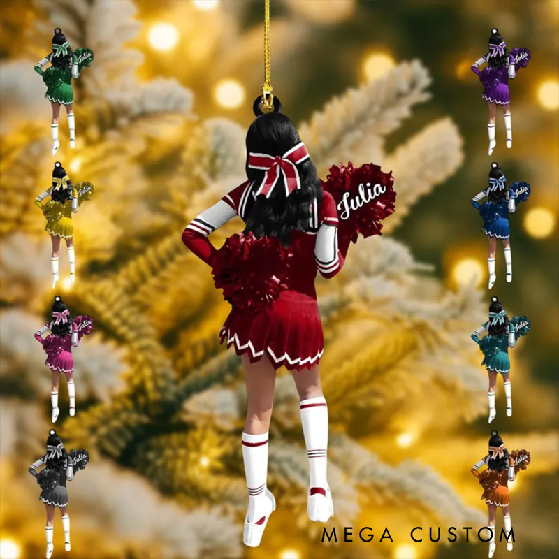Personalized Cheerleader Christmas Ornament with Custom Name, Outfit Color, and Festive Pom Pom Design