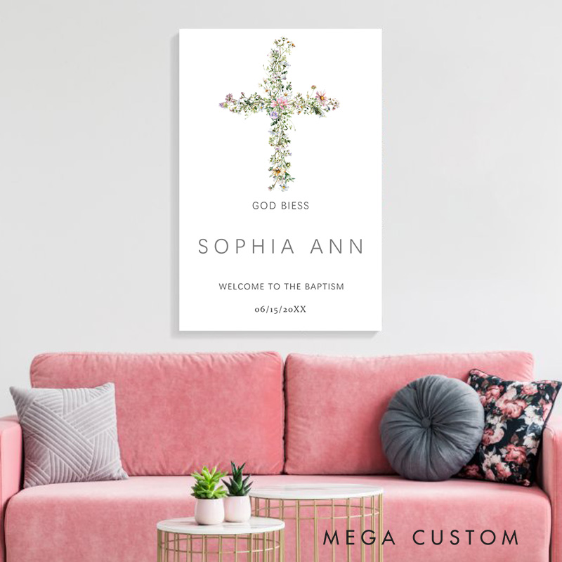Personalized God Bless Floral Cross Frameless Canvas Painting with Name Religious Wall Art Baptism Gift for Girls