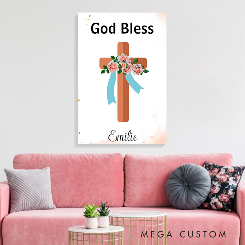 Personalized God Bless Cross Frameless Canvas Painting with Name Religious Wall Art Birthday Gift for Girls