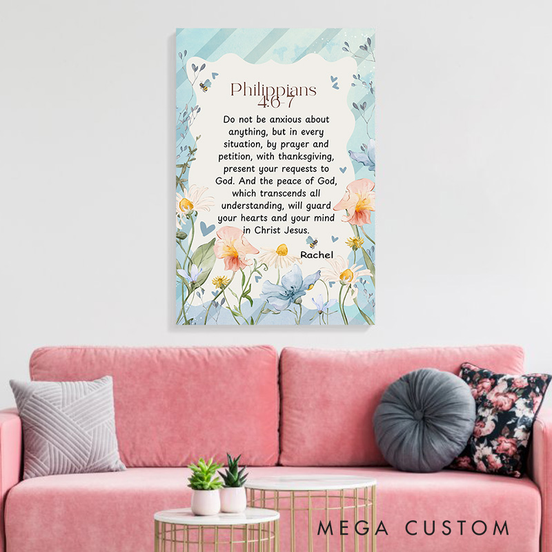 Personalized Philippians 4:6-7 Bible Verse Watercolor Frameless Canvas Painting with Name Religious Wall Art Birthday Gift for Women