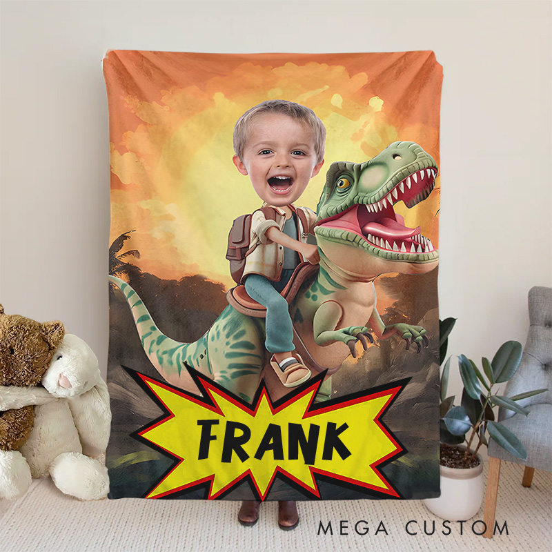 Personalized Kid Photo Blanket with Funny Face Little Boy Riding Dinosaur Gift for Boys