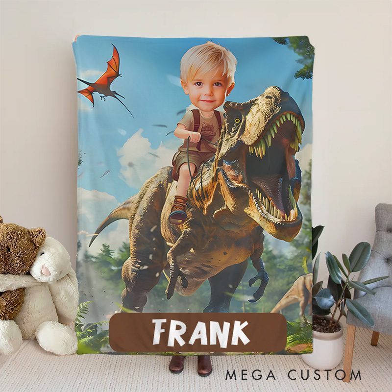 Personalized Boy Riding Dinosaur Fleece Blanket Gift for Kids
