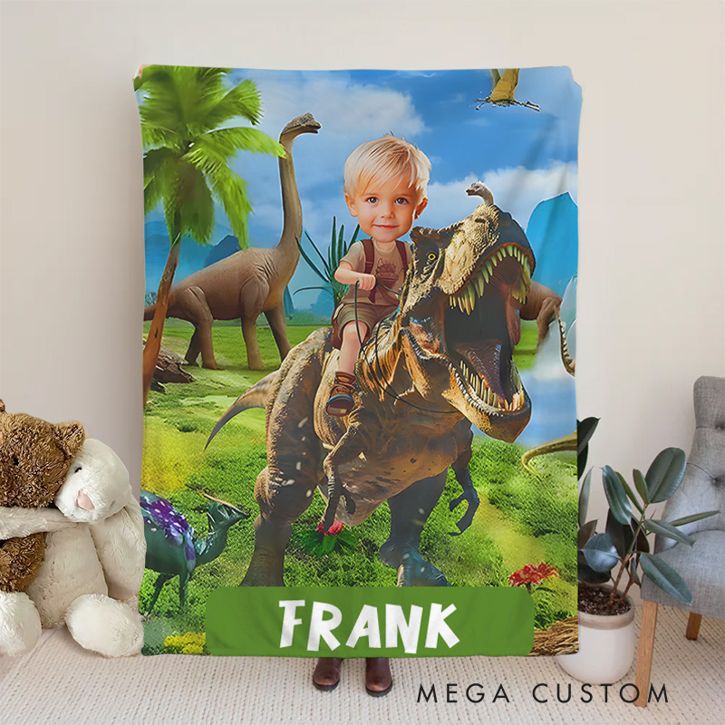 Personalized Boy Riding Dinosaur Blanket with Photo Gift for Boys
