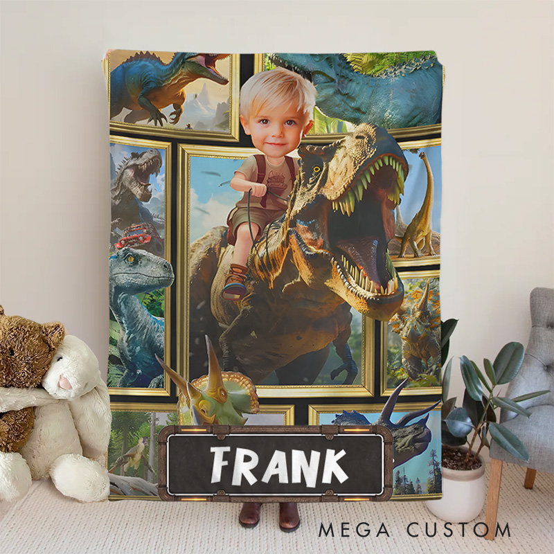 Personalized Boy Riding Dinosaur Fleece Blanket Gift for Kids