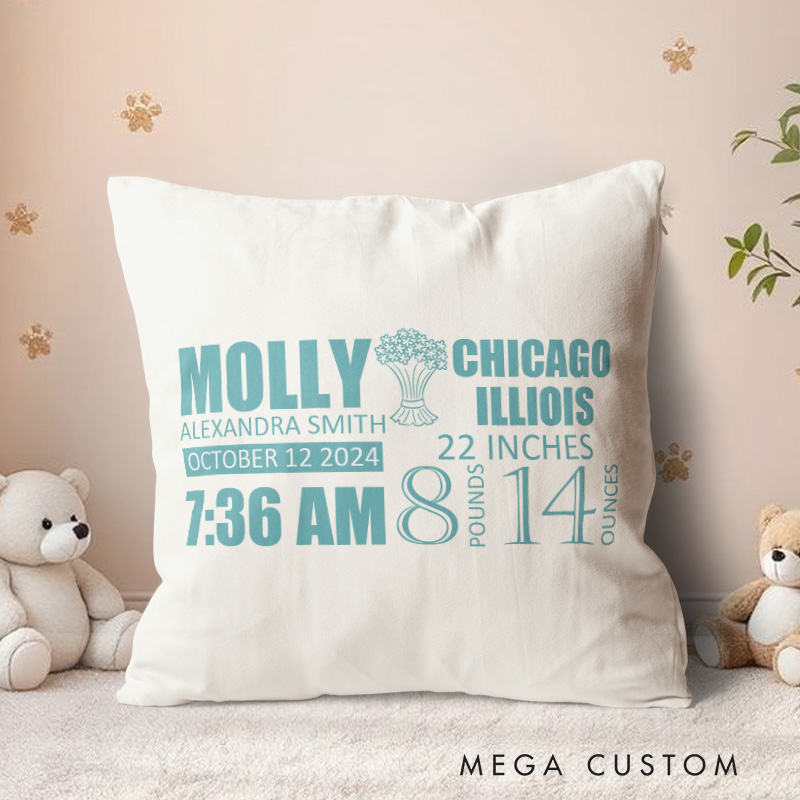 Personalized Birth Stats Throw Pillows Featuring Baby's Name And Key Details In Style Throw Pillows
