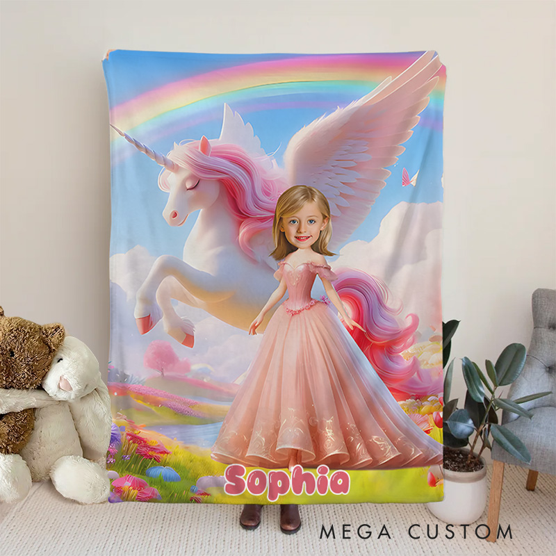Personalized Princess and Unicorn Blanket with Funny Photo Gift for Kids Birthday Children's Day Gift