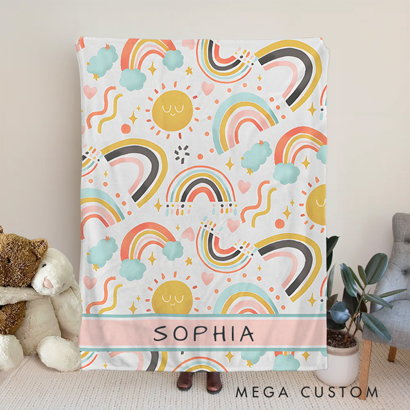 Personalized Kids Whimsical Colorful Rainbow Heart Name Blanket Birthday Children's Day Gift