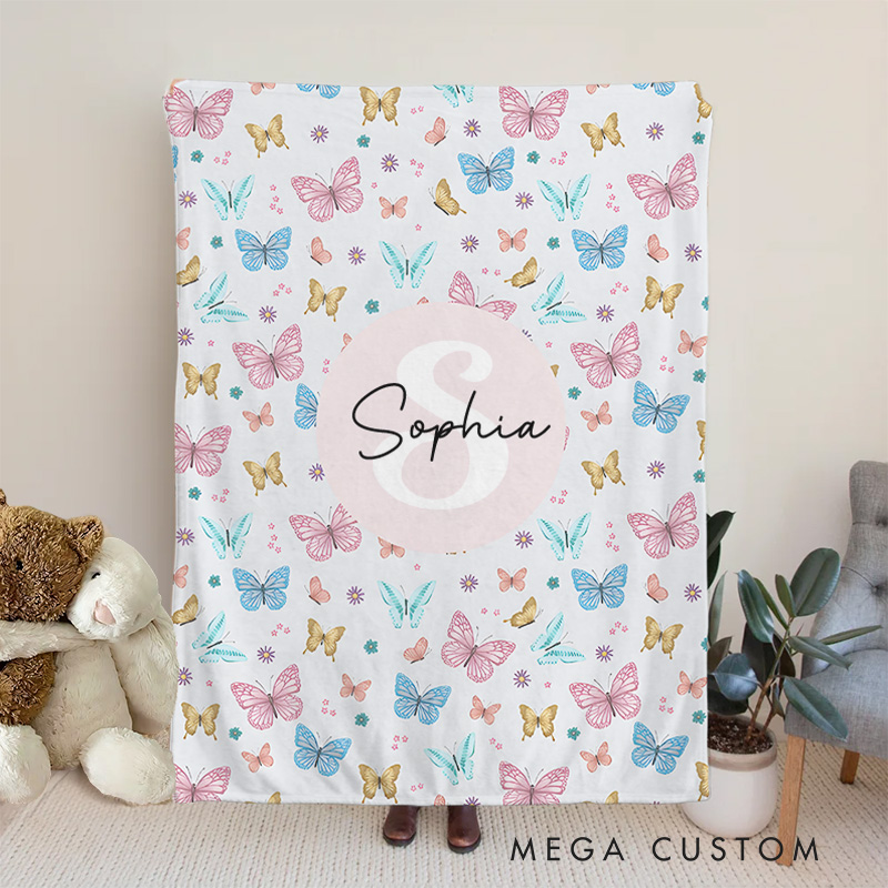 Personalized Girls Cute Pink Butterfly Kids Monogram Blanket Birthday Children's Day Gift