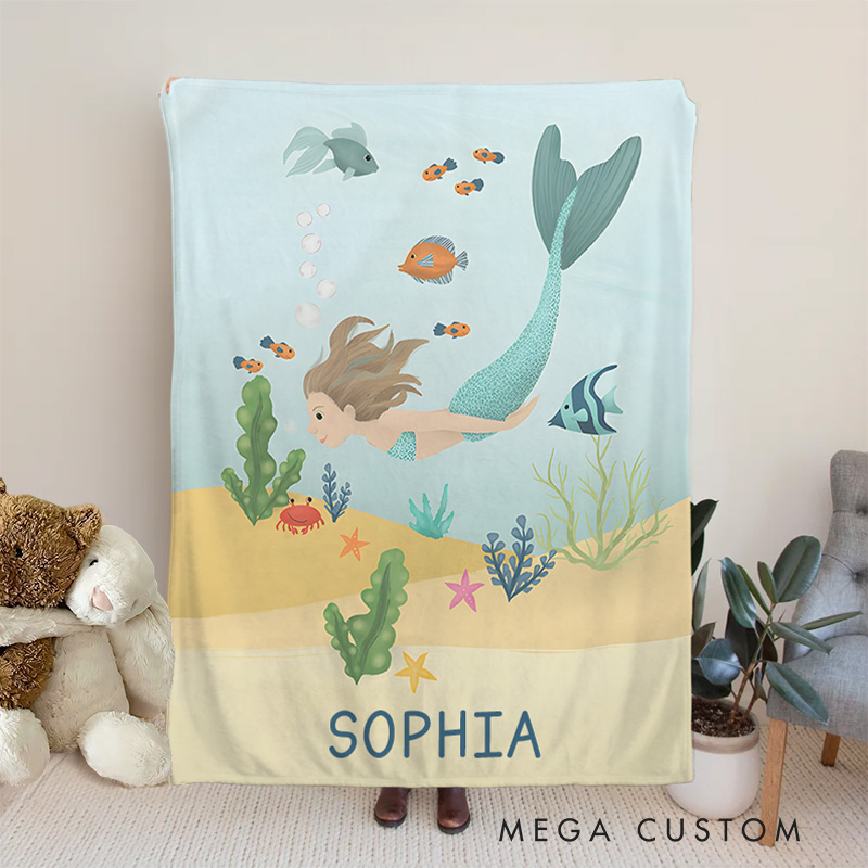 Personalized Girls Cute and Whimsical Magical Mermaid Sea Kids Blanket Birthday Children's Day Gift
