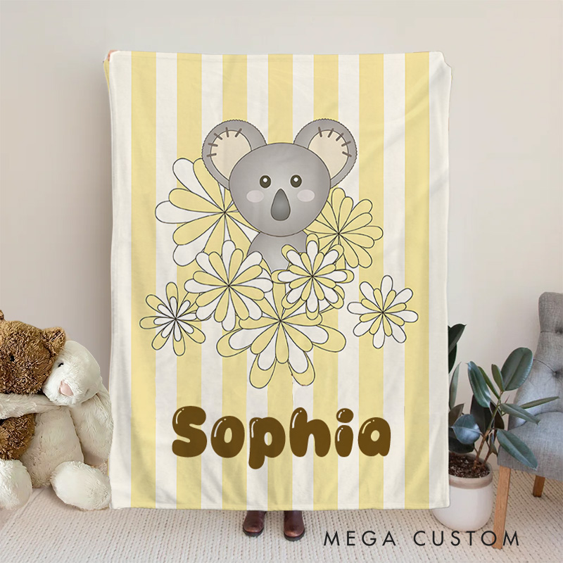 Personalized Yellow Stripe Cute Baby Koala Bear Kids Blanket Birthday Children's Day Gift