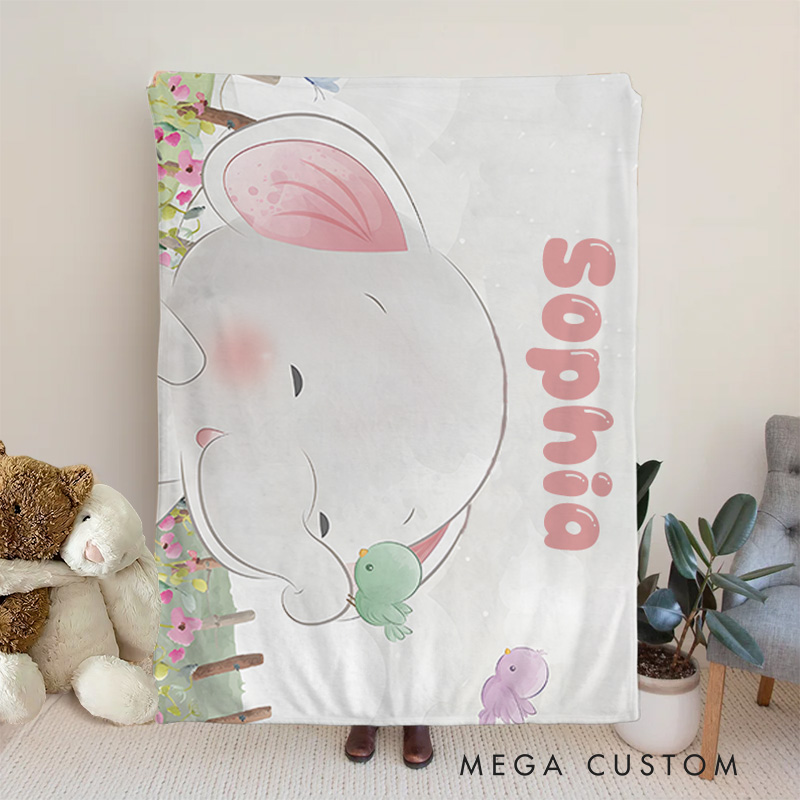 Personalized Kids Blanket Elephant with Birds Blush Floral Birthday Children's Day Gift