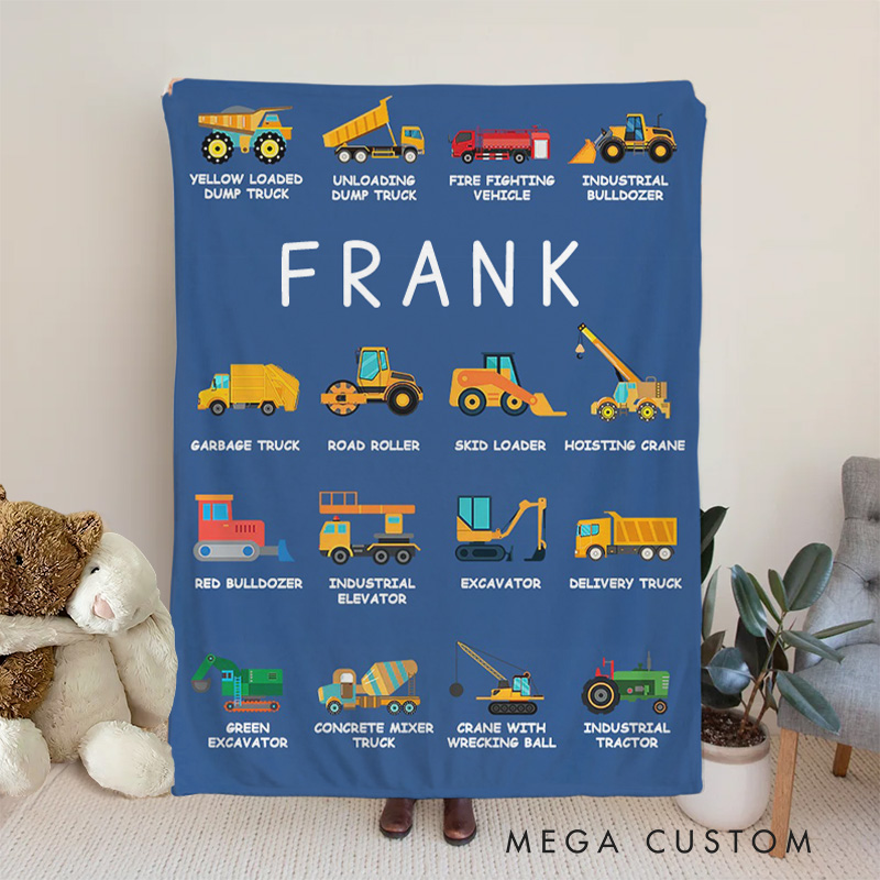 Personalized Work Vehicles Construction Trucks Kids Blanket with Name for Boys Girls Truck Lover Couch Sofa Bed Decor Birthday Children's Day Gift