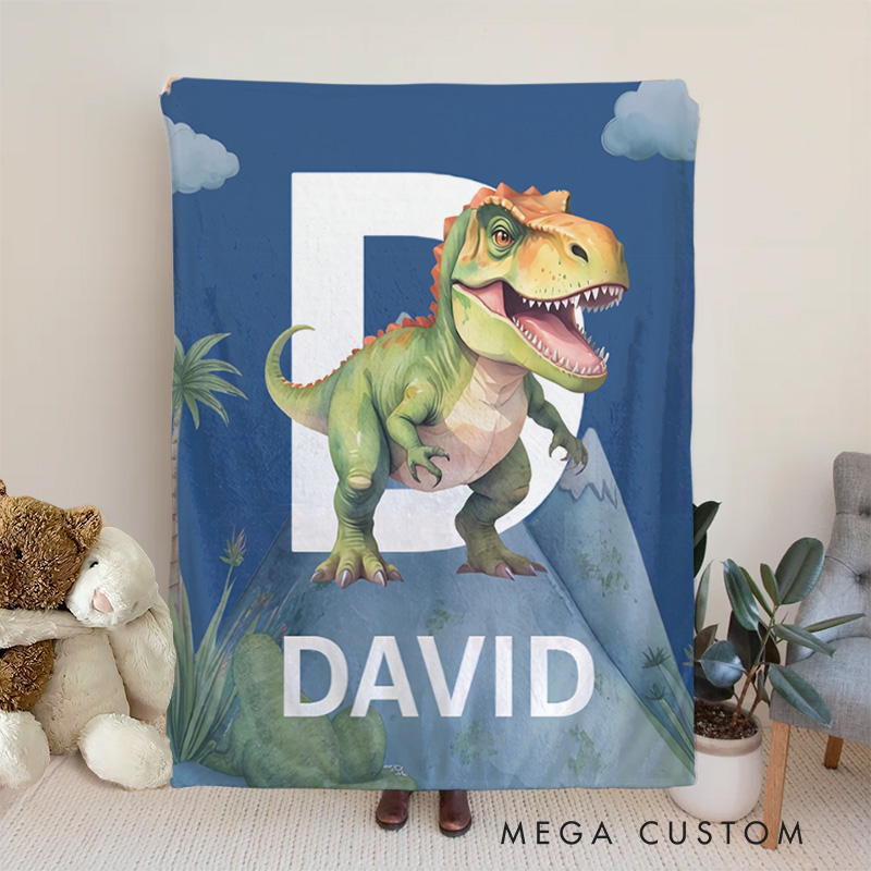 Personalized Cute Dinosaur Soft Throw Blanket with Initial Name Birthday Home Decor Gift for Kids