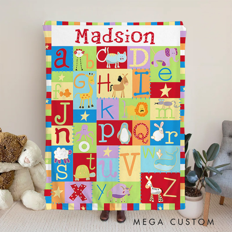 Personalized Cartoon Animal Alphabet Color Block Stitching Soft Throw Blanket with Name Home Decor Birthday Gift for Kids