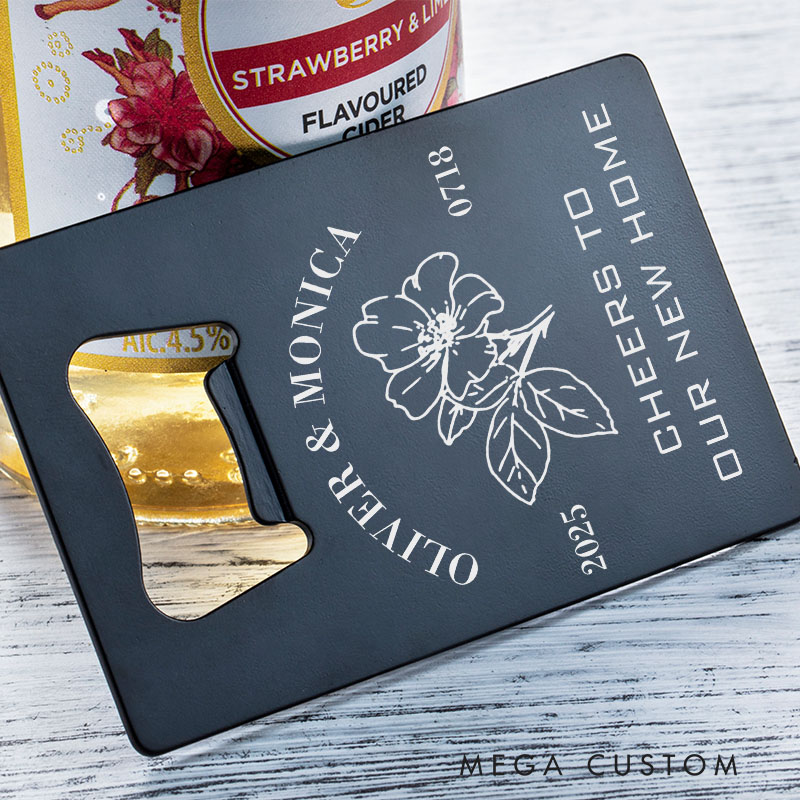 Personalized Credit Card Bottle Opener Custom Housewarming Bottle Opener with Names Date and Floral Theme Perfect for New Home Gifts and Celebrations