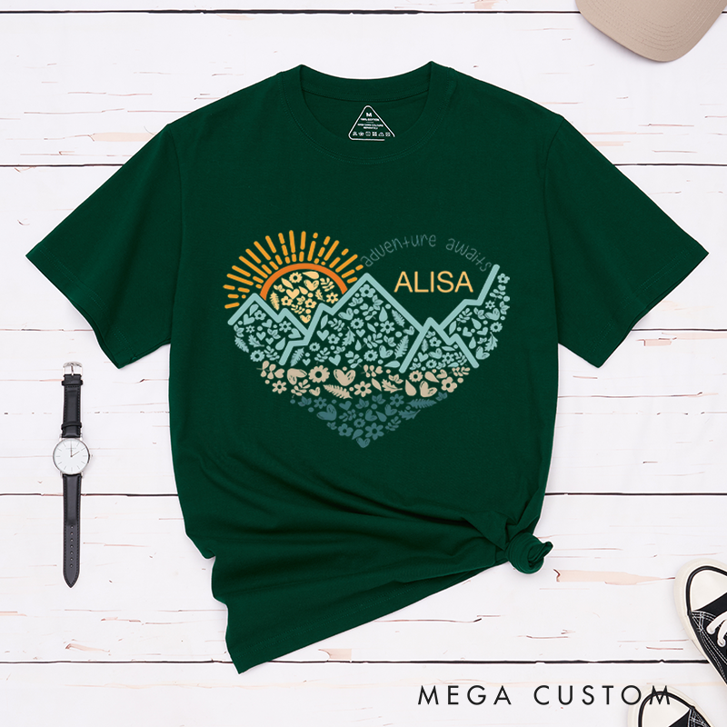 Personalized Adventure Awaits T-Shirt Wanderlust Explore  Nature Tee Shirt Outdoors Camp Gift