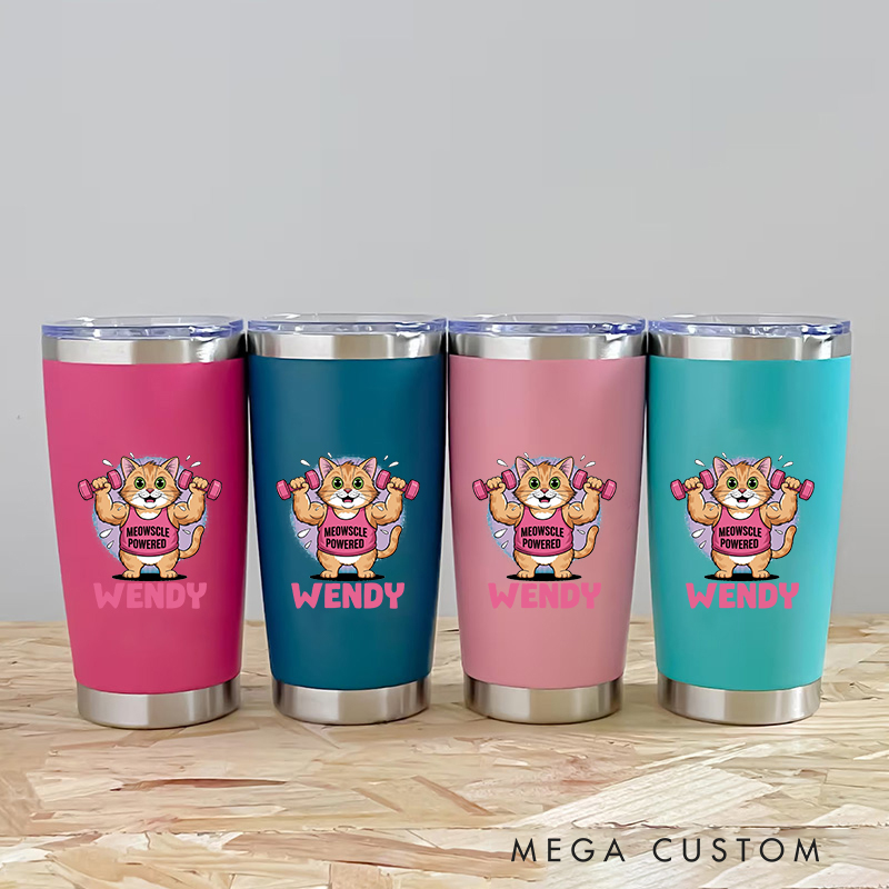 Personalized Fitness Tumbler Coffee Stainless Steel Tumbler with Strong Cat with Dumbbells for Fitness Enthusiasts Bodybuilders and Gym Lovers